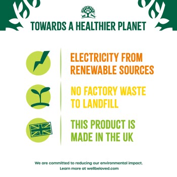 Infographic titled "Towards a Healthier Planet" highlighting renewable energy, zero waste, and UK manufacturing.