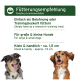 Fütterungsempfehlung für Hundeleckerlis, die besagt, dass sie als Belohnungen oder Trainingsleckerlis verwendet werden können, geeignet für große und kleine Hunde, Größe ca. 1,5 cm.