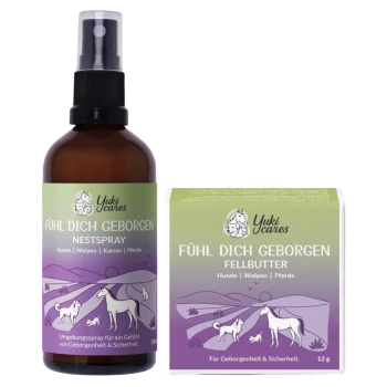Yuki cares Nest-Spray und Fellbutter für Haustiere, mit einem pfotenförmigen Balsam, mit Etiketten auf Deutsch, die 'Fühl dich geborgen' und 'Zur Angstlösung' besagen.
