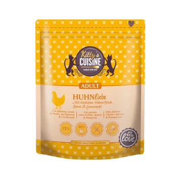 Gelbe Haustierfutterverpackung mit der Aufschrift "Kitty's Cuisine", die Huhn, Spinat und Granatapfel enthält, mit 71% Fleischanteil.