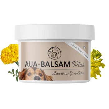 AUA-BALSAM Plus Behälter mit dem Gesicht eines Hundes auf dem Etikett, mit Ringelblumen daneben; für die Hautpflege von Haustieren.