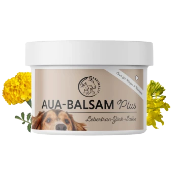 AUA-BALSAM Plus Behälter mit dem Gesicht eines Hundes auf dem Etikett, mit Ringelblumen daneben; für die Hautpflege von Haustieren.