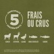 Fond vert avec le texte "5 PRINCIPAUX INGREDIENTS FRAIS OU CRUS" et des icônes d'agneau, cerf, canard, truite et sardine.
