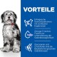 Ein flauschiger Hund mit einem roten Halsband sitzt links, während fetter blauer Text Vorteile auflistet: Gewichtsverlust, Omega-3 für Gelenke und Glucosamin für Knorpel.