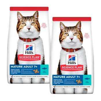 Zwei Tüten Hill's Science Plan Katzenfutter für ältere Katzen, mit einer getigerten Katze und Text über Energie, Immunität und Thunfisch.