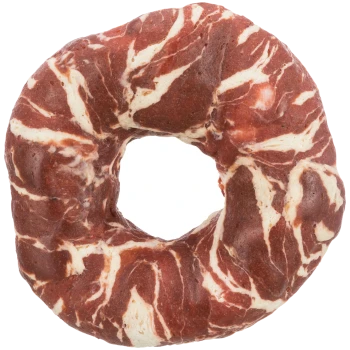 Marbled red-and-white rawhide dog chew shaped like a donut on a white background