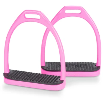 Zwei rosa Pferdestirrup mit strukturierten schwarzen Fußstützen, mit dem Markennamen 'EQUINATE' auf der Seite geprägt.