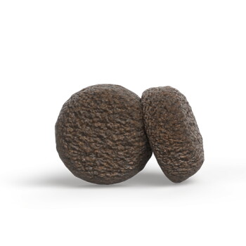 Zwei runde, strukturierte braune Futterpellets auf weißem Hintergrund.