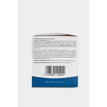 Rückseite der Canina CANIFLORA VITAL Hunde-Supplementverpackung mit deutschem Produkttext, Barcode und blauem unteren Bereich.