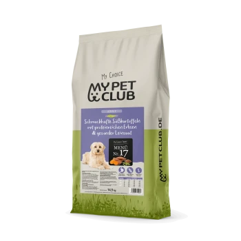 Tüte mit Haustierfutter mit der Aufschrift "My Pet Club" mit einem Hundebild und Text: "Süßkartoffeln mit proteinreichen Erbsen & gesundem Leinsamen," 14,5 kg.