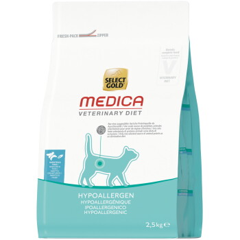 Select Gold MEDICA Veterinary Diet hypoallergenes Katzenfutter, Tüte (2,5 kg) mit türkisfarbener Katzensilhouette und Zielscheiben-Symbol.