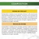 Panneau de composition : en-tête « COMPOSITION » avec sections « RICHE EN POULET » et « RICHE EN DINDE » et texte des ingrédients en français