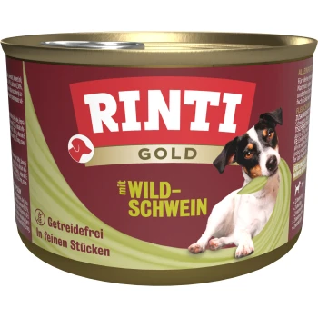 Dosenfutter für Hunde mit der Aufschrift "RINTI GOLD mit WILD-SCHWEIN," mit einem verspielten Hund, der ein Blatt hält, und den Texten "Getreidefrei" und "In feinen Stücken."