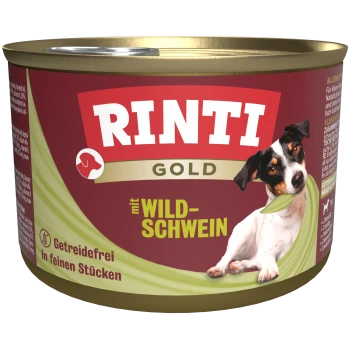 Dosenfutter für Hunde mit der Aufschrift "RINTI GOLD mit WILD-SCHWEIN," mit einem verspielten Hund, der ein Blatt hält, und den Texten "Getreidefrei" und "In feinen Stücken."