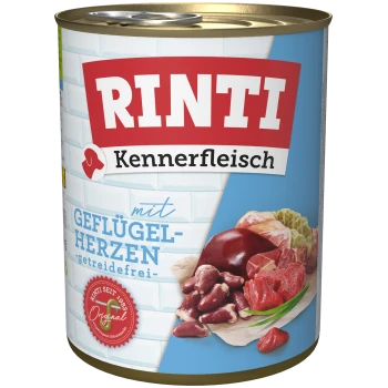 Dosenfutter "RINTI Kennerfleisch" für Haustiere mit blauem Hintergrund, mit dem Text "mit Geflügelherzen - getreidefrei" und Bildern von Fleischherzen.