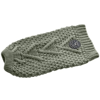 Ein gemütlicher grüner gestrickter Haustiersweater mit einem strukturierten Muster und einem runden Logo-Patch.
