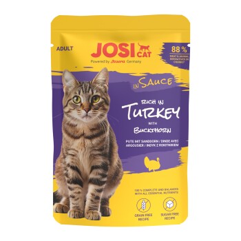 JosiCat Katzenfutterbeutel für erwachsene Katzen, reich an Pute mit Sanddorn, 88 % Fleisch, getreidefreie und zuckerfreie Rezeptur.