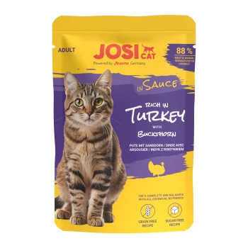 JosiCat Katzenfutterbeutel für erwachsene Katzen, reich an Pute mit Sanddorn, 88 % Fleisch, getreidefreie und zuckerfreie Rezeptur.