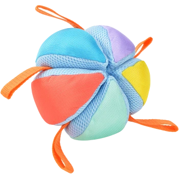 Colorful pet toy ball made of mesh fabric, featuring orange, blue, purple, yellow, and green sections with orange straps.