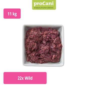 Packung mit proCani reinem Wildfleisch-Hundefutter, mit einem malerischen Etikett und dem Text "Wildfleisch pur" mit einer Mengenangabe "22x".
