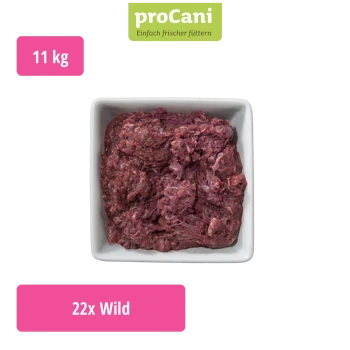 Packung mit proCani reinem Wildfleisch-Hundefutter, mit einem malerischen Etikett und dem Text "Wildfleisch pur" mit einer Mengenangabe "22x".