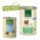 Two Real Nature pet food cans: "Junior" with cow and bird, and "Original" with cow and chicken, both highlighting new design.