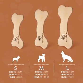 Drei Holzspielzeuge in Form von Hundeknochen, beschriftet mit S, M und L, mit Größen- und Gewichtsangaben für verschiedene Hunderassen.