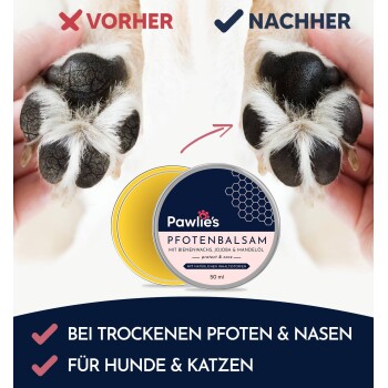 Bild, das die trockene Pfote eines Hundes ("VORHER") mit einer gesunden Pfote ("NACHHER") nach der Anwendung von Pawlie's Balsam vergleicht, mit der Produktdose gezeigt.
