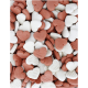 Gros plan sur des friandises pour animaux en forme de cœur de couleurs rouge et blanche, éparpillées sur une surface.