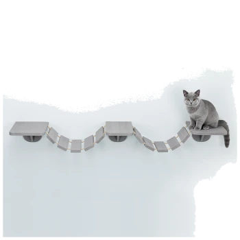 Eine graue Katze sitzt auf einem modernen, wandmontierten Katzenregalsystem aus Holzplattformen, die durch eine flexible Brücke verbunden sind.