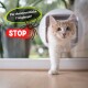 Katze, die durch eine Haustür mit einem "STOP"-Schild und einer Zeckenillustration geht, begleitet von dem Text "Für abenteuerliche Freigänger!"