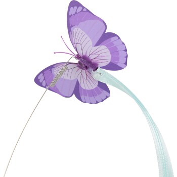 Lila Schmetterlings-Katzenspielzeug, befestigt an einem flexiblen Draht mit hellblauem Band als Schwanz.