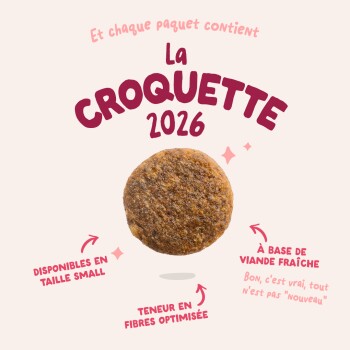 Galette de croquettes sous le titre « La Croquette 2026 » avec des étiquettes indiquant petite taille, fibres optimisées et viande fraîche