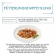 Obrazek karmy dla kotów na talerzu z tekstem zalecającym 3-4 torebki porcji dziennie dla dorosłego kota o wadze 4 kg, podkreślającym nawodnienie.