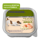 Verpackung für Nassfutter für Hunde mit einem kleinen Hund, Huhn und Reis, beschriftet mit "Finest Meat Chicken with Rice Adult" und dem Text "Verbesserte Formel".
