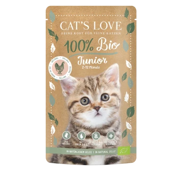 Cat's Love 100% Bio Junior kattenvoerzakje voor 2-12 maanden, natuurlijke gelei, met gevogelte, omega 3 & 6, taurine & vitamines.