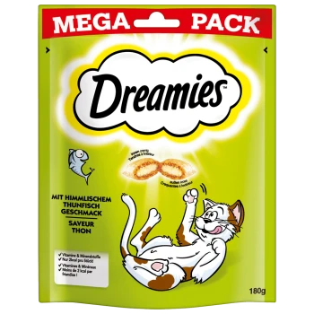 Emballage pour les friandises pour chats Dreamies, présentant un chat cartoon joueur et une icône de poisson, avec un texte mettant en avant la saveur de thon et les bienfaits nutritionnels.
