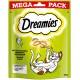 Verpackung für Dreamies Katzenleckerlis, mit einer verspielten Cartoon-Katze und einem Fischsymbol, mit Text, der den Thunfischgeschmack und die ernährungsphysiologischen Vorteile hervorhebt.