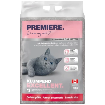 Sac de litière agglomérante Premiere parfumée à la poudre pour bébé, avec un chat gris et les détails du produit, 6 kg, produit du Canada.