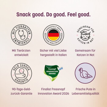 Sechs hypoallergene KatKare-Snackdosen auf einer Küchenarbeitsplatte mit der Überschrift „6 Unwiderstehliche Sorten“ und Geschmacks-Symbolen.