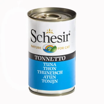 Eine Dose Schesir Katzenfutter mit der Bezeichnung "Tonnetto", die Thunfisch enthält, mit Text in mehreren Sprachen: "TUNA, THON, THUNFISCH, ATÚN, TONIJN."