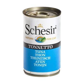 Eine Dose Schesir Katzenfutter mit der Bezeichnung "Tonnetto", die Thunfisch enthält, mit Text in mehreren Sprachen: "TUNA, THON, THUNFISCH, ATÚN, TONIJN."