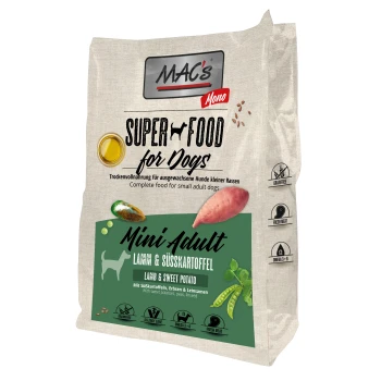 MACs Super Food für Hunde, Mini Adult, Lamm & Süßkartoffel, getreidefreies Vollfutter mit frischem Fleisch und Nährstoffsymbolen.