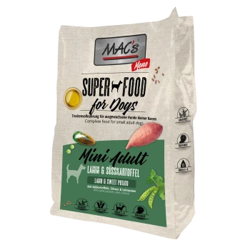 MACs Super Food für Hunde, Mini Adult, Lamm & Süßkartoffel, getreidefreies Vollfutter mit frischem Fleisch und Nährstoffsymbolen.