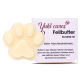 Yuki kümmert sich um Fellbutter-Haustierpflegeprodukt in Form eines Pfotenabdrucks, mit einer Box, die deutschen Text über Anwendungshinweise und Vorteile enthält.