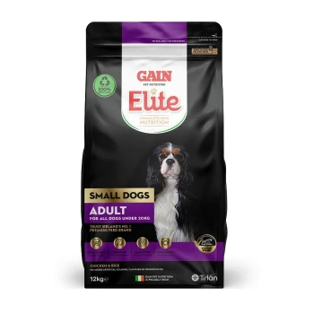 12kg bag of Gain Elite Complete Dog Nutrition for Small Dogs, featuring a Cavalier King Charles Spaniel, labeled "Adult," with Chicken & Rice.