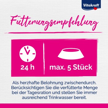 Fütterungsempfehlung von Vitakraft: maximal 5 Stück pro 24 Stunden, mit dem Hinweis, ausreichend Trinkwasser bereitzustellen.