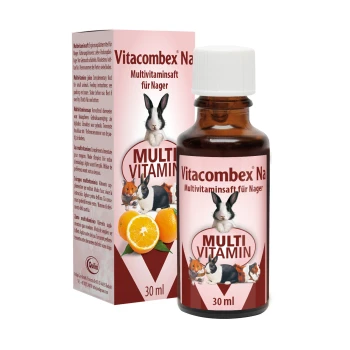 Bottle of Vitacombex Na multivitamin liquid for small animals, featuring a rabbit and guinea pig on the label, with orange slices.
