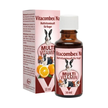 Bottle of Vitacombex Na multivitamin liquid for small animals, featuring a rabbit and guinea pig on the label, with orange slices.