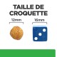 Image comparant les tailles de croquettes pour animaux : une croquette ronde de 12 mm à côté d'un dé bleu de 16 mm, avec le texte "TAILLE DE CROQUETTE" au-dessus.